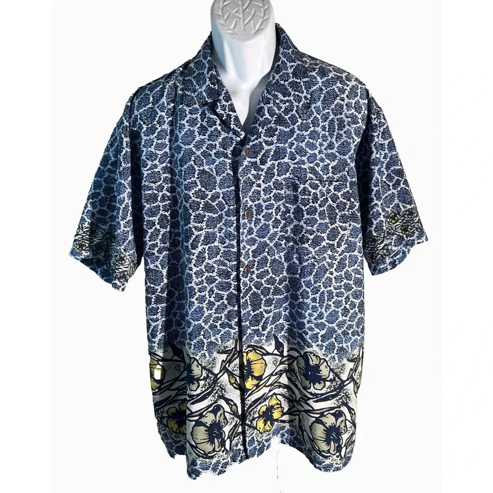 OCEAN CURRENT Men's Short Sleeve Button Down Polyester Shirt Blue‎ White Large